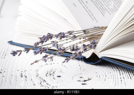 Es ist gute Erinnerungen, ein Bouquet von trockenen Lavendel und Gras und Bücher Stockfoto