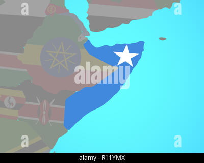 Somalia mit National Flagge auf Blau politische Welt. 3D-Darstellung. Stockfoto