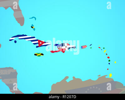 Karibik mit nationalen Flaggen auf Blau politische Welt. 3D-Darstellung. Stockfoto