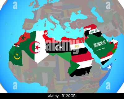 Arabische Liga mit nationalen Flaggen auf Blau politische Welt. 3D-Darstellung. Stockfoto