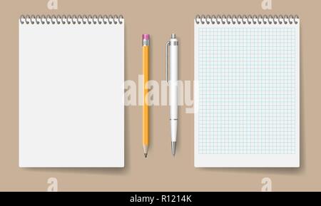 Leere Spirale notebook Mockup für Corporate Identity und Branding. Realistische Notizblock mit Kugelschreiber und Bleistift isoliert Vector Illustration Stock Vektor