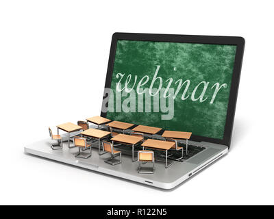 E-Learning online Ausbildung Konzept Schule Schreibtische auf Laptop Tastatur 3D-Rendering Stockfoto