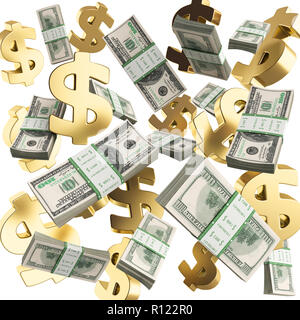 Fallende gold Abzeichen und Packs von Dollar 3D-Render auf weißem Hintergrund Stockfoto