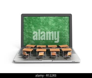 E-Learning online Ausbildung Konzept Schule Schreibtische auf Laptop Tastatur 3D-Render auf Weiß Stockfoto