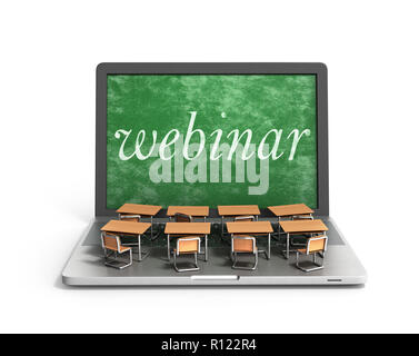 E-Learning online Ausbildung Konzept Schule Schreibtische auf Laptop Tastatur 3D-Rendering Stockfoto