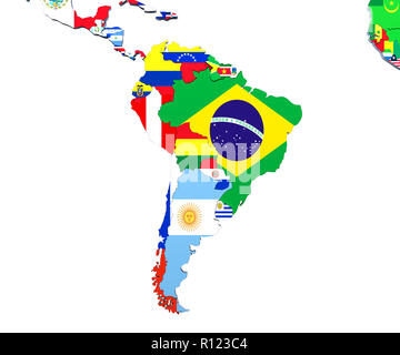 Südamerika Karte 3d-Abbildung auf Weiß Stockfoto