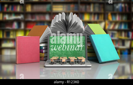 Begriff des Wissens Schule Business Office arbeiten und elektronische Medien Laptop oder Notebook mit einem Stapel Bücher 3D-Render in Bibliothek Stockfoto
