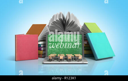 Begriff des Wissens Schule Business Office arbeiten und elektronische Medien Laptop oder Notebook mit einem Stapel Bücher 3D-Render auf blauen Gradienten Stockfoto