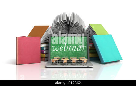 Begriff des Wissens Schule Business Office arbeiten und elektronische Medien Laptop oder Notebook mit einem Stapel Bücher 3D-Render auf Weiß Stockfoto