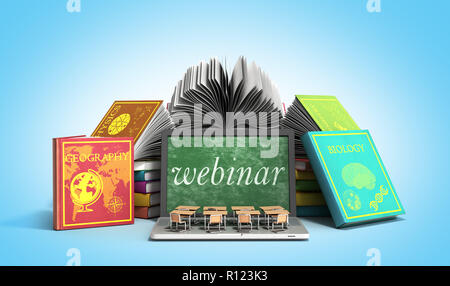 Mobile wissen Schule Business Office arbeiten und elektronische Medien Konzept Laptop oder Notebook mit einem Stapel Bücher 3D-Render auf Blau Stockfoto