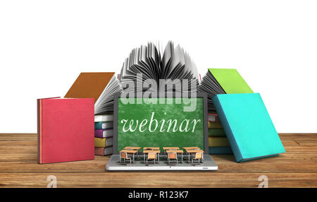 Begriff des Wissens Schule Business Office arbeiten und elektronische Medien Konzept Laptop oder Notebook mit einem Stapel Bücher 3D-Render auf Holz Stockfoto
