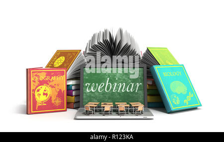 Mobile wissen Schule Business Office arbeiten und elektronische Medien Konzept Laptop oder Notebook mit einem Stapel Bücher 3D-Render auf Weiß Stockfoto