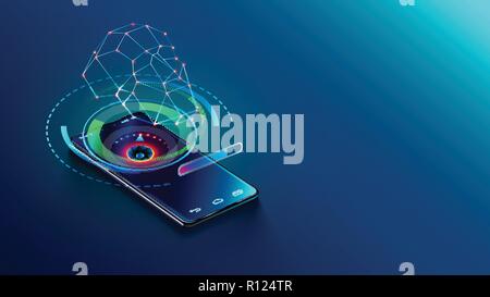 Face id Technologie - abstraktes Konzept. 3d-Gesicht und Anerkennung person Benutzer scannen. Smartphone erkennt Mensch und Verifikation Zugriffsrecht auf persönliche Daten und vertraulichen Daten Stock Vektor