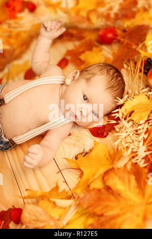 Herbst Neugeborenen. Herbst Szene. kleines Baby mit rot gelb Ahorn Blätter, Beeren, Kürbis, Äpfel, Ernte. Stockfoto