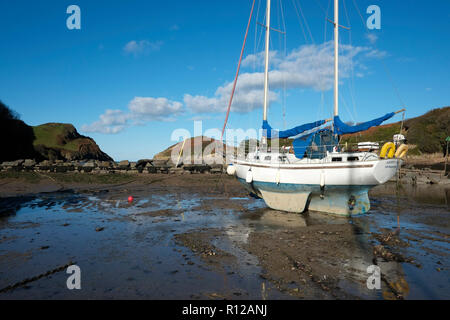 Watermouth Cove North Devon bei Ebbe zeigt auf Yachten und Boote an einem sonnigen Tag Stockfoto