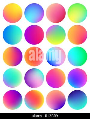 Holographische gradient Sphäre" abgerundet. Multicolor Flüssigkeit Kreis Gradienten, farbenfrohe weiche runde Tasten oder lebendige Farbe Kugeln flachbild Vektor einrichten Stock Vektor