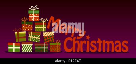 Frohe Weihnachten Banner oder Grußkarte mit bunten Geschenkpackungen Stock Vektor