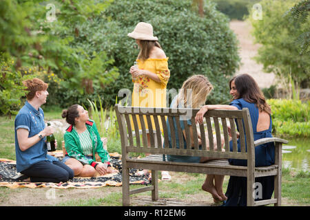 Freunde genießen Sie ein Picknick im Grünen Stockfoto