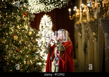 Carole Copeland kleiden, wie der Rattenfänger spielen ihre Leitung während des Chatsworth's Once Upon A Time, Weihnachten drücken Sie anrufen, in Chatsworth House, Bakewell, Derbyshire. Stockfoto