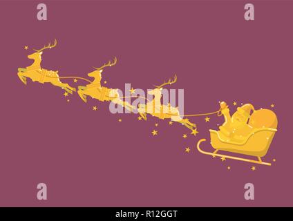 Golden Weihnachtsmann mit Rentier Schlitten. Vector Illustration Stock Vektor