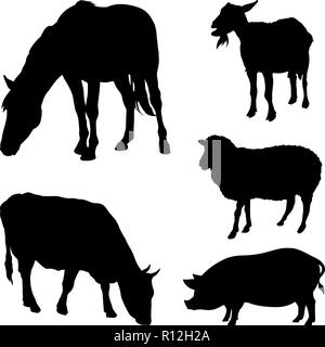 Vektor Silhouetten von Nutztieren isoliert auf weißem Stock Vektor