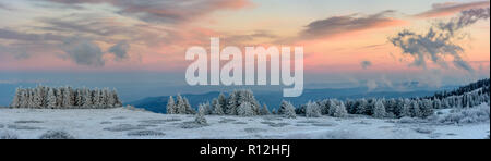 Sonnenuntergang auf einer Bergspitze - gefrorene Landschaft, lebhafte Farben, kalten Abend - Schneebedeckte Bäume unter sanften Mondlicht Stockfoto