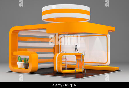 3d-Illustrierte einzigartigen kreativen Messestand anzeigen Design mit Tisch und Stuhl, Info Board. Stockfoto