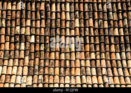 Von der traditionellen, alten Haus Dach mit alten, braunen Kacheln, beschädigte und abgenutzte durch die Elemente Detail. Stockfoto