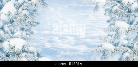 Winter Weihnachten malerische Landschaft auf dem frostigen sonniger Tag mit Tannen mit weißen Schnee in der Nähe abgedeckt und Schneeverwehungen. Schneebedeckten Kulisse im Wald auf Natu Stockfoto