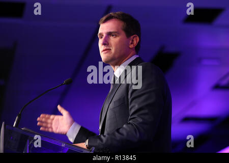 Madrid, Spanien. 9 Nov, 2018. ALBERT RIVERA MP, Parteichef die Bürgerinnen und Bürger sprechen in den Kongress. Die Allianz der Liberalen und Demokraten für Europa (ALDE) ist eine europäische politische Partei hauptsächlich in der Europäischen Union, der sich aus 60 nationalen liberalen Parteien aus ganz Europa. Die 39 ALDE-Parteitag im Marriott Hotel Auditorium am Nov 9, 2018 in Madrid, Spanien Quelle: Jesus Hellin/ZUMA Draht/Alamy leben Nachrichten Stockfoto