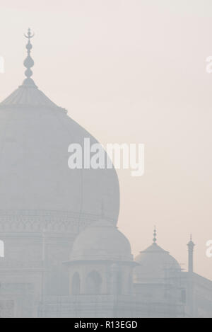 Prächtige Taj Mahal die Wunder der Welt und der Stolz von Indien am frühen Morgen winter Licht und Dunst mit ihren wichtigsten Kuppel und anderen kleinen Kuppeln Stockfoto