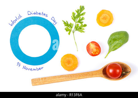 Frisches Gemüse und blauen Kreis als Symbol der Weltdiabetestag, Konzept der gesunden Ernährung während der Krankheit Stockfoto