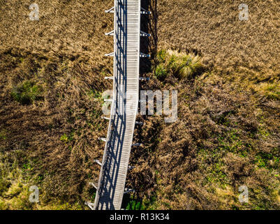 Holzbrücke über Trockenrasen, Luftbild. Zelenci, Slowenien. Stockfoto