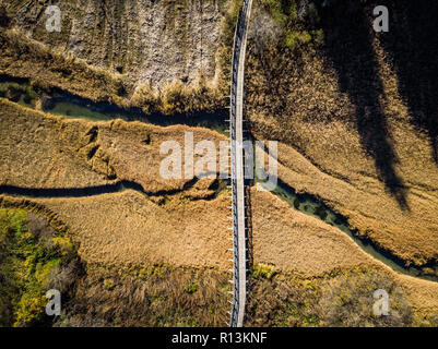 Holzbrücke über Trockenrasen, Luftbild. Zelenci, Slowenien. Stockfoto