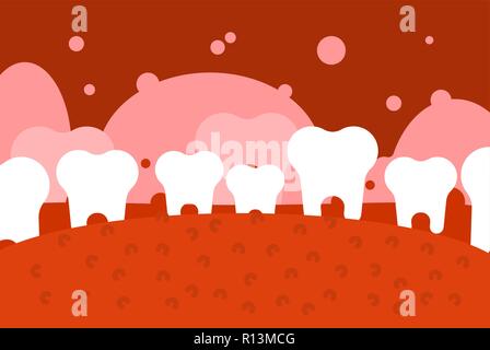 Zahnmedizinische Landschaft. Zähne und Zunge. Mund und Zahn. Fantastisches Gelände. Stock Vektor