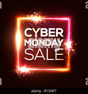 Cyber Monday shopping Banner in Neon Stil. Quadratische Hintergrund mit abstrakten leuchtet und funkelt. Cyber Monday Angebot Text in leuchtenden Rechtecks. Bunte verkauf Vector Illustration. Stock Vektor