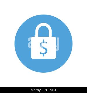 Symbol Sperren. Vorhängeschloss unterzeichnen. Dollar. Finanzen Schutz. Vector Illustration. Flache Bauform. Weiß auf blauem Hintergrund. Stock Vektor