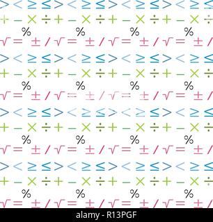 Mathematik geometrische nahtlose Muster. Hintergrund von minus, plus, Gleich, Ungleich, Division, Multiplikation, Prozent, ist gleich, radikale Stock Vektor