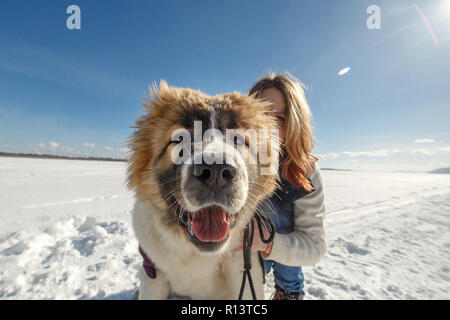 Glückliche junge kaukasischen Schäferhundes und ihre Besitzer sind Umarmen im Winter im Park. Stockfoto