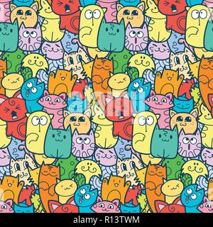 Lustige doodle Katzen und Kätzchen nahtlose Muster für Drucke, Designs und Malbücher. Vector Illustration Stock Vektor