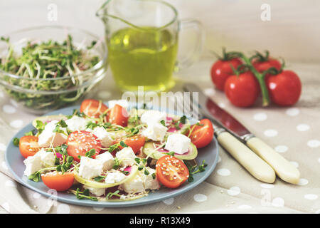 Gesund lecker lecker Salat mit Tomaten, Radieschen, Käse, Sprossen und Sesam in der Platte auf hellem Holztisch, flacher Tiefe des Feldes. Stockfoto