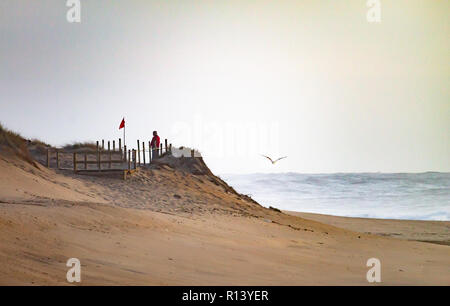 Mann mittleren Alters wartet in der Nähe von Red Flag an den Dünen. Möwe. Ozean. Strand. Sand. Stockfoto