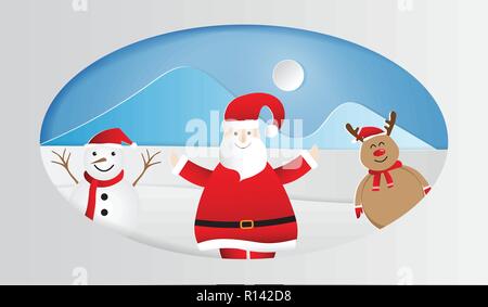 Papier kunst von Santa Claus mit Schneemann und Rentiere im Winter schnee Wald Hintergrund, Frohe Weihnachten. Vector Illustration Stock Vektor