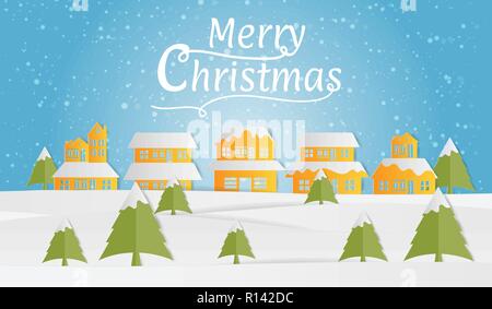 Landschaft von Dorf im Winter, Frohe Weihnachten Hintergrund, Paper art Stil. Vector Illustration Stock Vektor