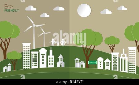 Papier kunst der Landschaft mit Gebäude und Natur, UMWELTFREUNDLICH. Vector Illustration Stock Vektor