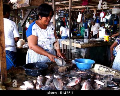 BINANGONAN, Rizal, Philippinen - 8. NOVEMBER 2018: Ein Fisch Verkäufer verkauft frische Fische auf Fisch-und öffentlichen Markt. Stockfoto