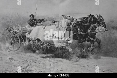 Digital verbesserte Reproduktion, wilde Fahrt mit der Pferdekutsche, wilde Fahrt mit der dreispÃ¤nnigen Kutschenanhänger Stockfoto