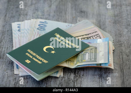 Türkische Grün besondere Pass und Dollar, Lira, Euro-Banknoten. Stockfoto