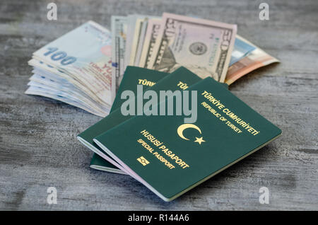 Türkische Grüne spezielle Pässe und Dollar, Lira, Euro-Banknoten. Stockfoto