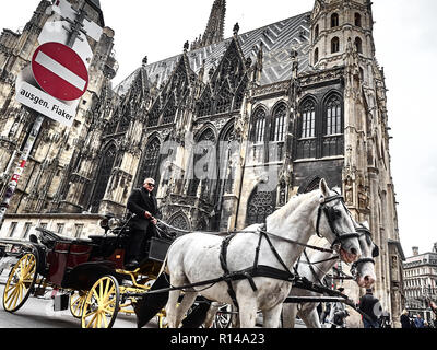 Wien, Österreich - November 1, 2018 - Kutsche vorbei unter dem Stephansdom in Wien. Leute gehen herum zu gehen, shoppi Stockfoto